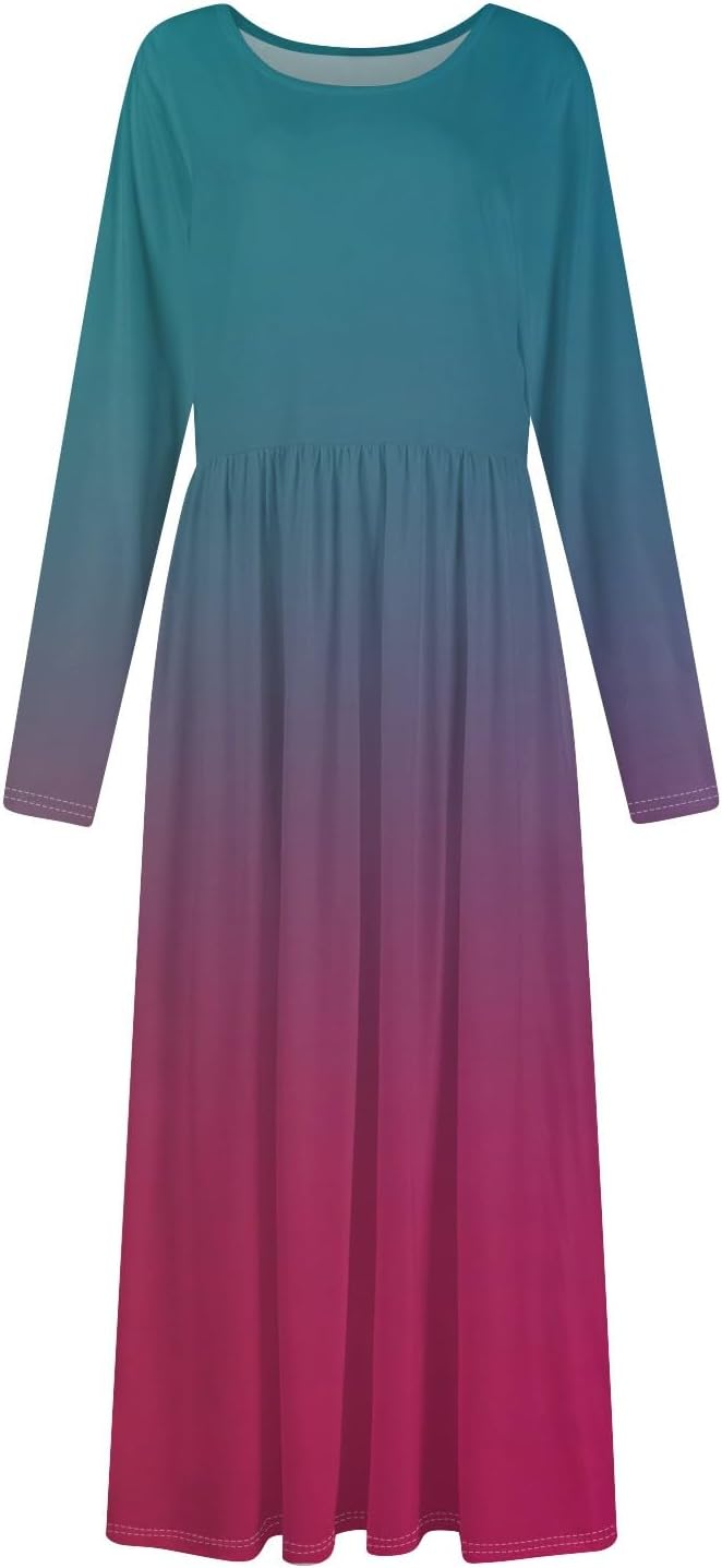 Long Sleeve Maxi Dress for Women Elegant Crew Neck Flowy Swing Dresses Solid Color Wedding Guest Dresses