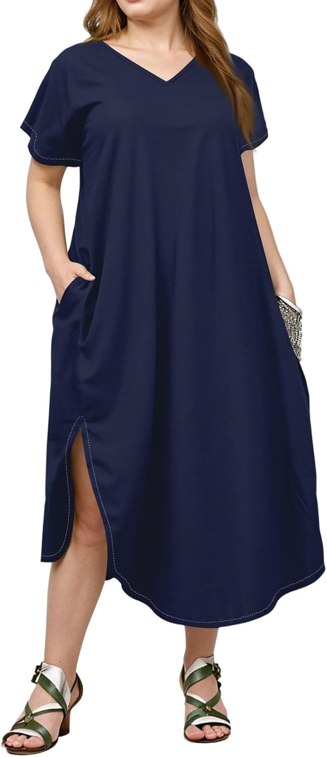 Maxi Dresses for Women 2025 Plus Size Tie Dye V Neck Dress Short Sleeve Side Split Beach Summer Sundress with Pocket