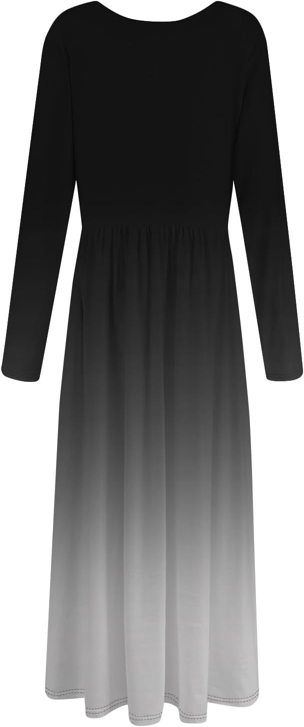 Long Sleeve Maxi Dress for Women Elegant Crew Neck Flowy Swing Dresses Solid Color Wedding Guest Dresses