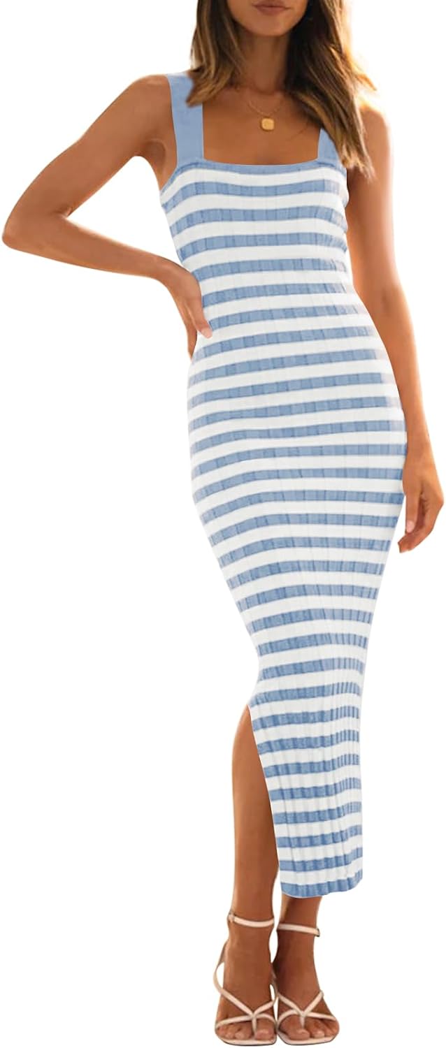 MEROKEETY Women's 2025 Summer Spring Bodycon Midi Dress Vacation Sleeveless Ribbed Knit Striped Party Sweater Dresses