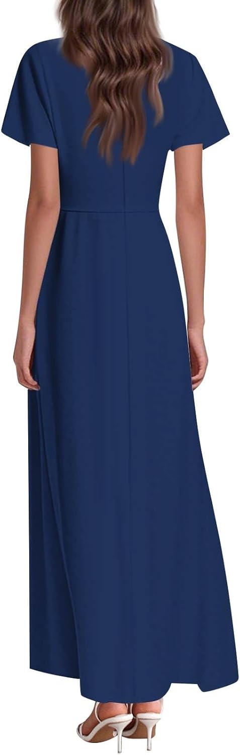 Womens Fashion V Neck Ruffle Short Sleeve Maxi Dress 2025 Summer Elegant Solid Color Flowy A Line Dresses