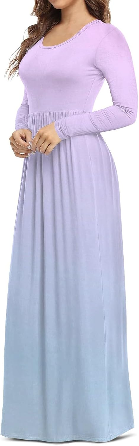 Long Sleeve Maxi Dress for Women Elegant Crew Neck Flowy Swing Dresses Solid Color Wedding Guest Dresses