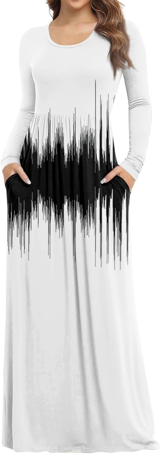Long Sleeve Maxi Dress for Women Elegant Crew Neck Flowy Swing Dresses Solid Color Wedding Guest Dresses