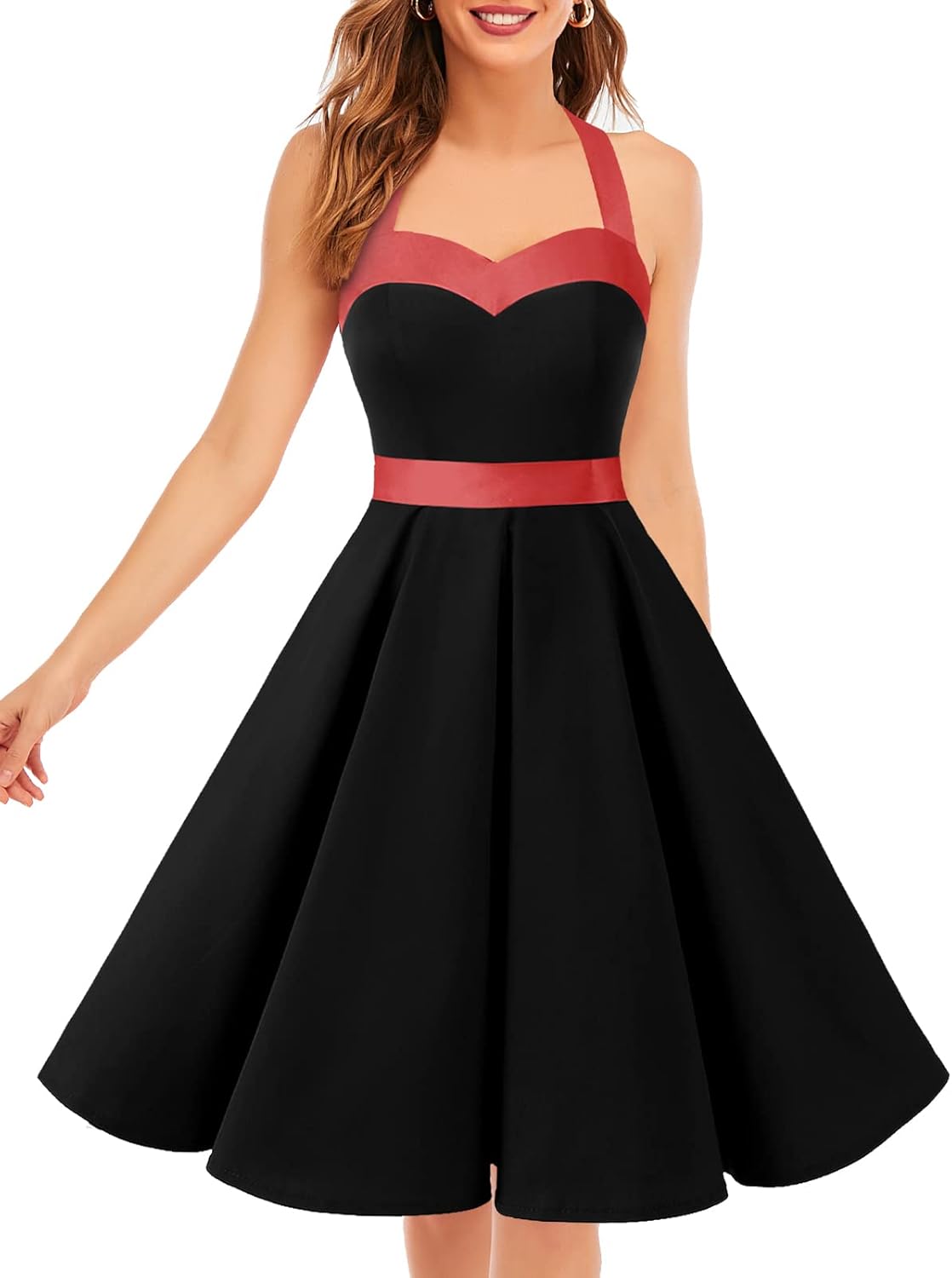 DRESSTELLS Women's Vintage 1950s Cocktail Party Dress Retro Wedding Guest Halter Rockabilly Swing Dresses