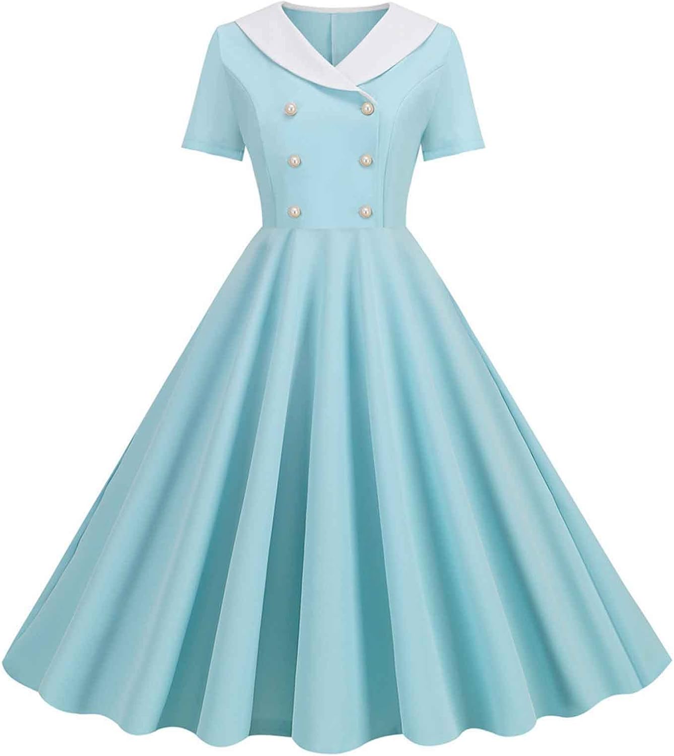 Women Double Breasted Notch Lapel 50s Vintage Short Sleeve Cocktail Swing Dress Polka Dot 1950s Rockabilly Prom Dress