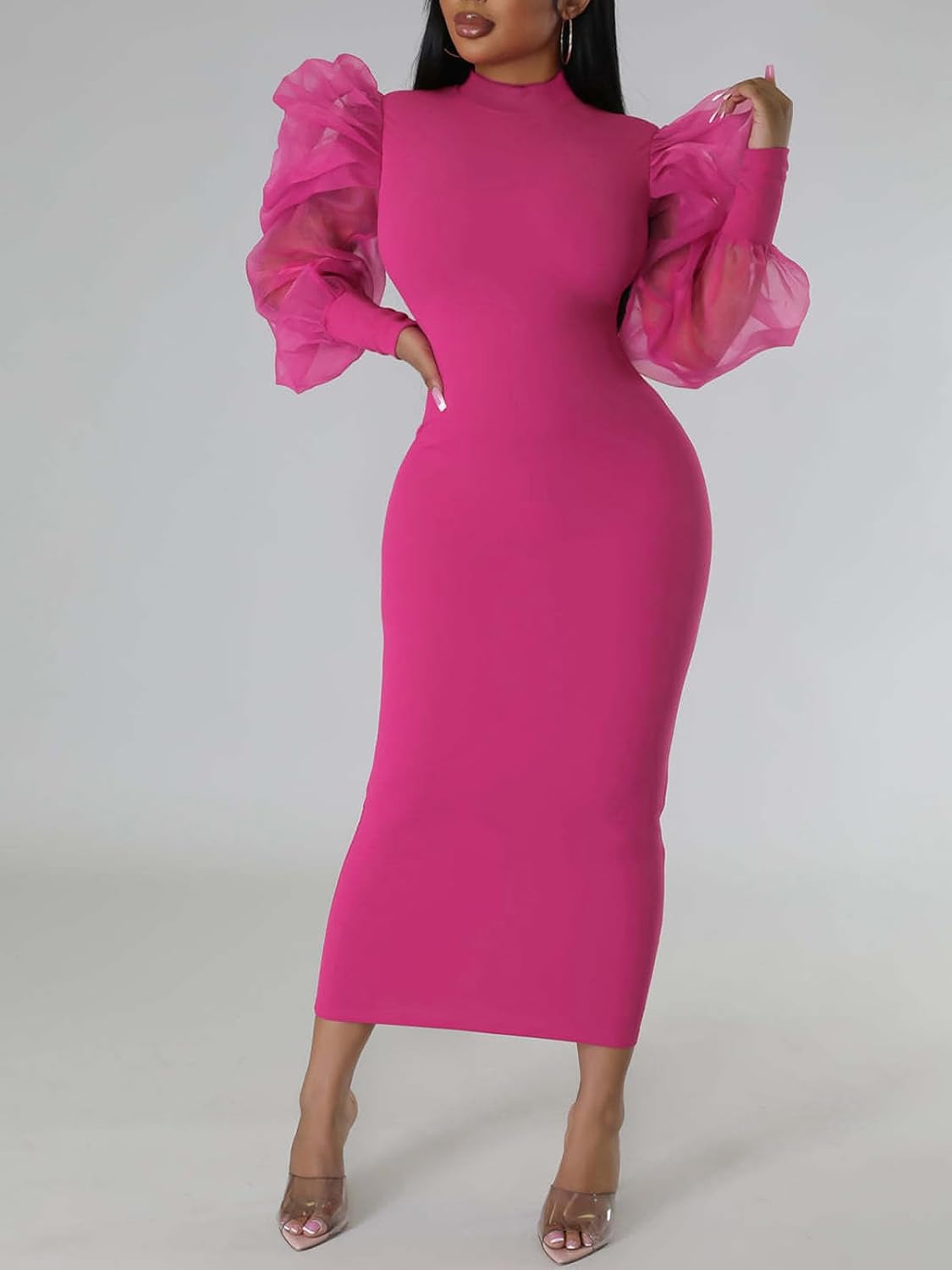 Ekaliy Women's See Through Bodycon Dress Sheer Mesh Long Puff Lantern Sleeve Dress Sexy Club Party Midi Dress Clubwear