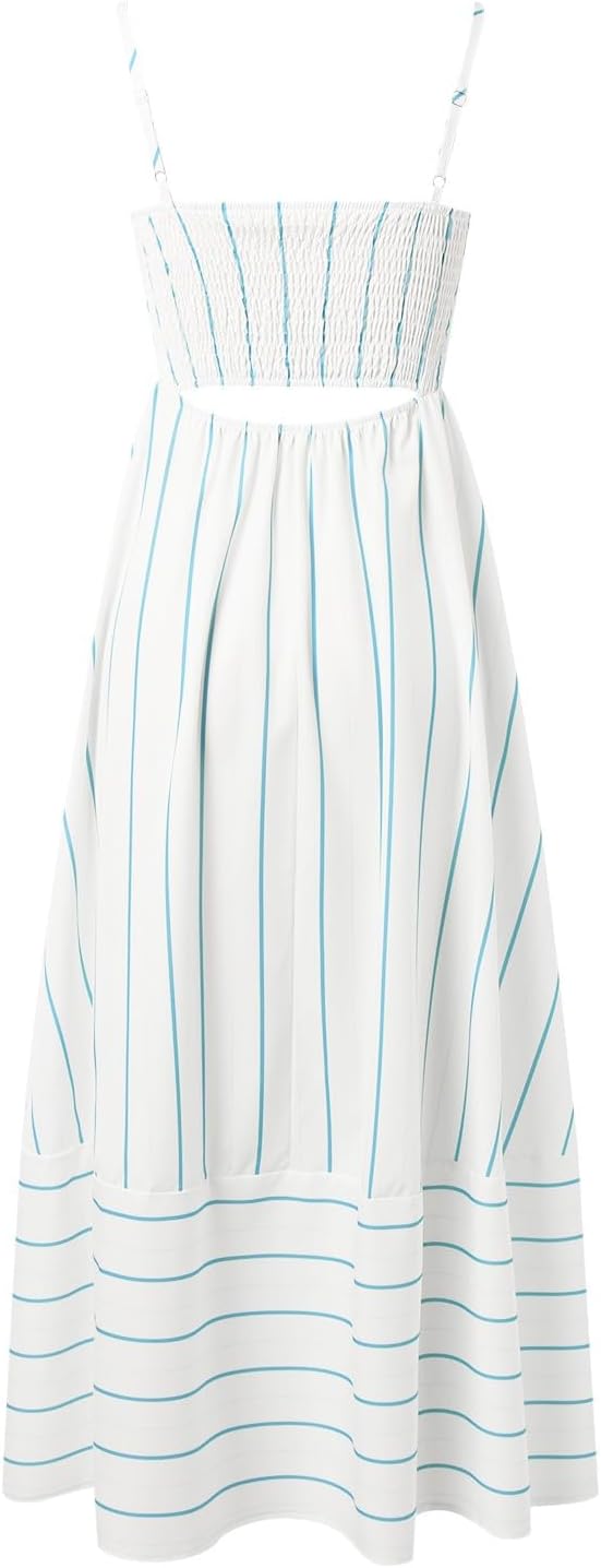Beach Dresses for Women Summer Striped Back Smocked Maxi Dress Spaghetti Strap Cut Out Flowy A Line Long Sundresses