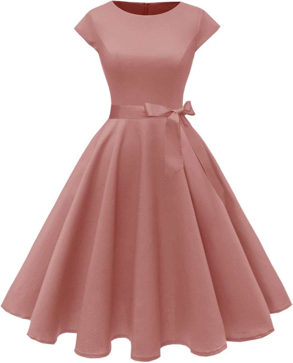 PUKAVT Women's 1950 Boatneck Cap Sleeve Vintage Swing Cocktail Party Dress with Pockets
