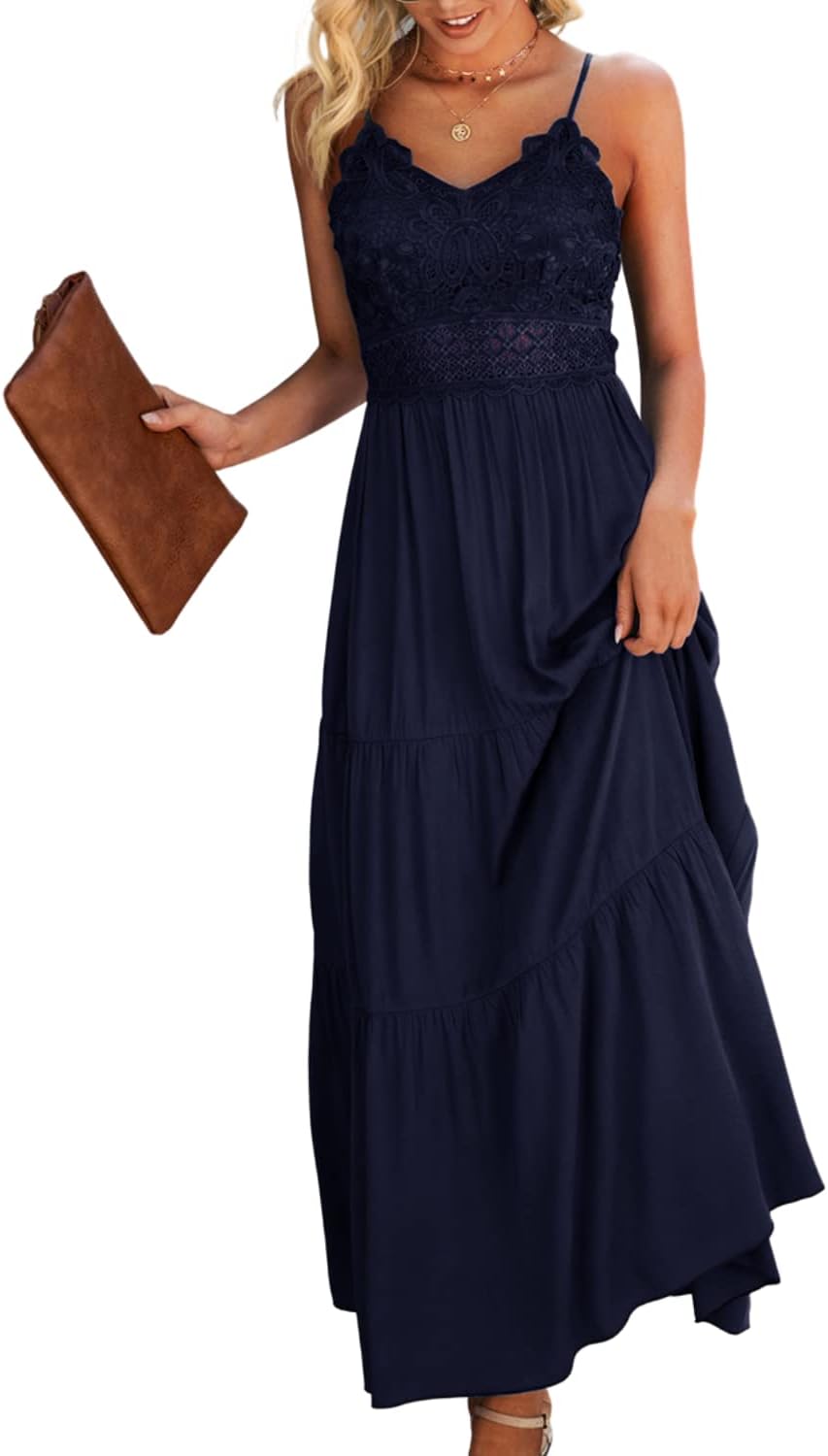Dokuritu Women's Beach Crochet Lace Maxi Dress Solid Color Summer Vacation Spaghetti Strap Long Dress 2024