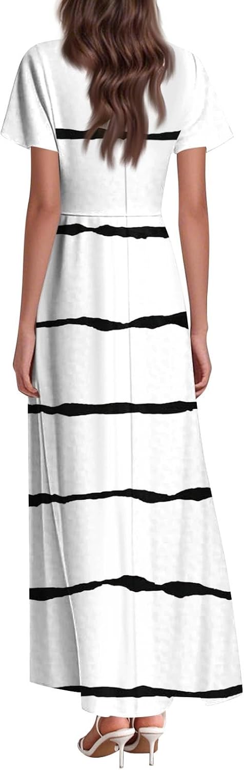 Womens Fashion V Neck Ruffle Short Sleeve Maxi Dress 2025 Summer Elegant Solid Color Flowy A Line Dresses