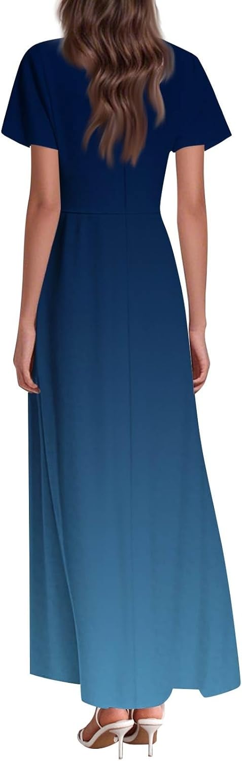 Womens Fashion V Neck Ruffle Short Sleeve Maxi Dress 2025 Summer Elegant Solid Color Flowy A Line Dresses
