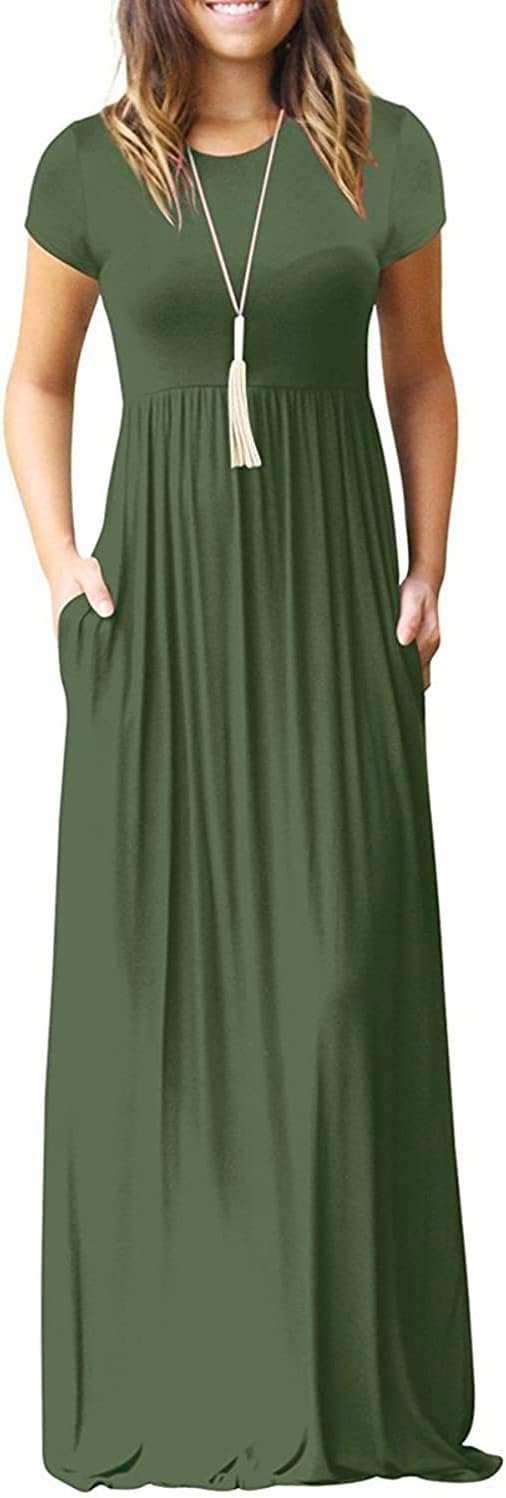 DEARCASE Maxi Dress for Women Short Sleeve Casual Summer Loose Plain Comfy Long Dresses with Pockets
