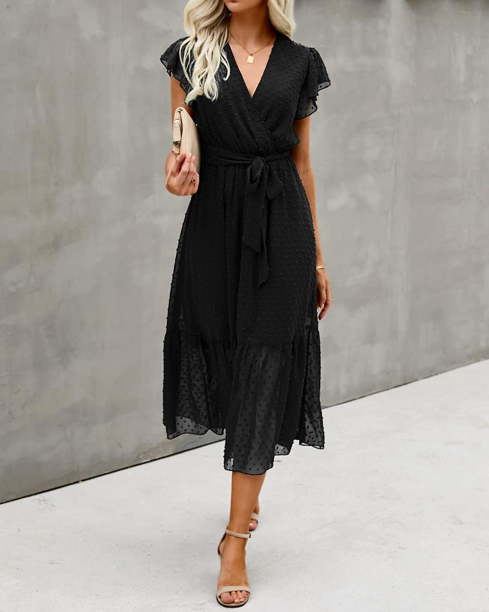 BTFBM Women Summer Bohemian Floral Casual Wrap V Neck Ruffle Cap Sleeveless Belt A-Line Pleated Hem Midi Sun Dress White