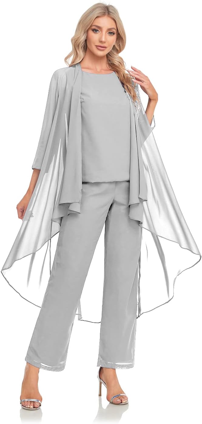 Women's 3 Pieces Chiffon Mother of The Bride Dress with Jacket Chiffon Formal Evening Dresses
