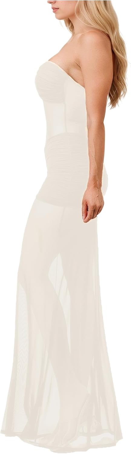 Women’s See Through Mesh Maxi Dress Sweatheart Neck Patchwork Slim Fit Night Out Seaside Long Dresses