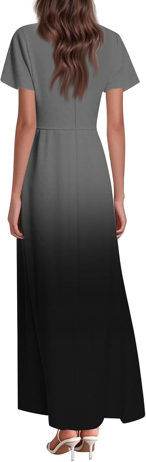 Womens Fashion V Neck Ruffle Short Sleeve Maxi Dress 2025 Summer Elegant Solid Color Flowy A Line Dresses