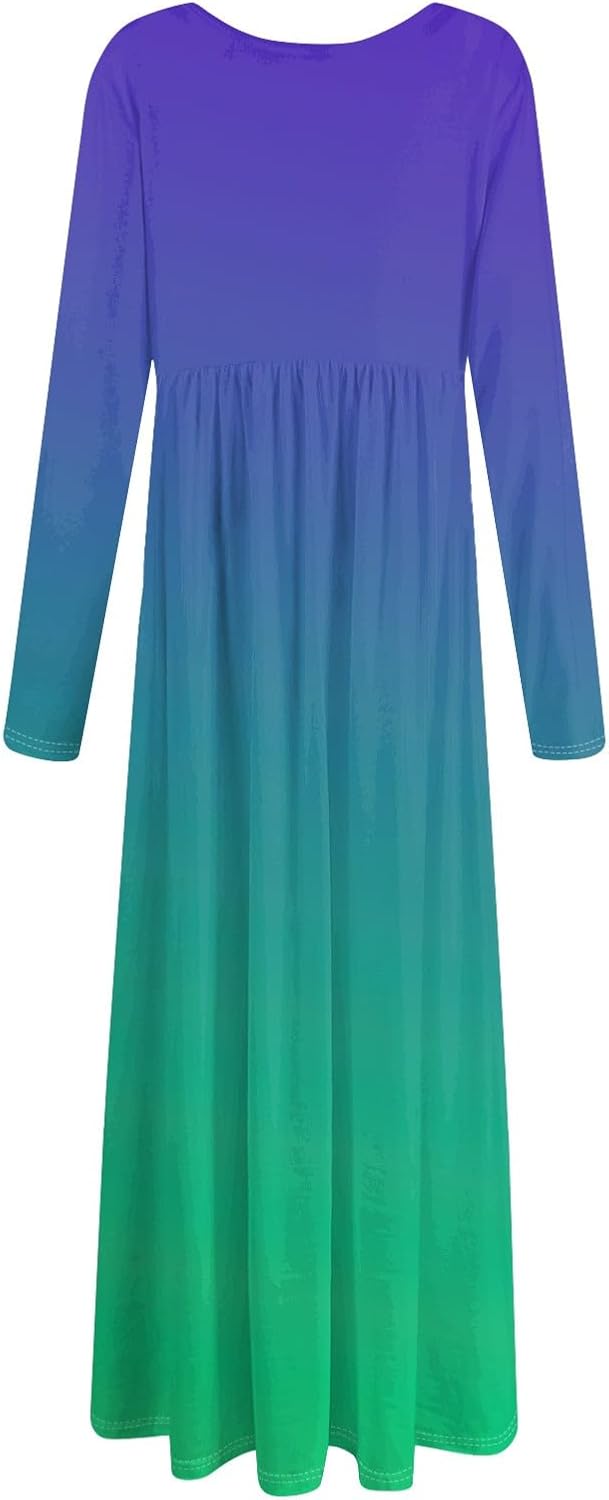 Long Sleeve Maxi Dress for Women Elegant Crew Neck Flowy Swing Dresses Solid Color Wedding Guest Dresses