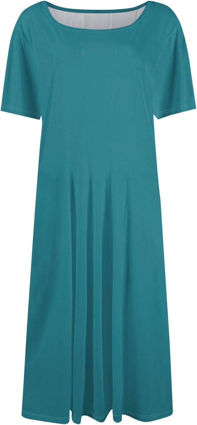 Summer Dresses for Women 2025 Crew Neck Short Sleeve Boho Beach Vacation Floral/Solid Midi Sundresses with Pockets