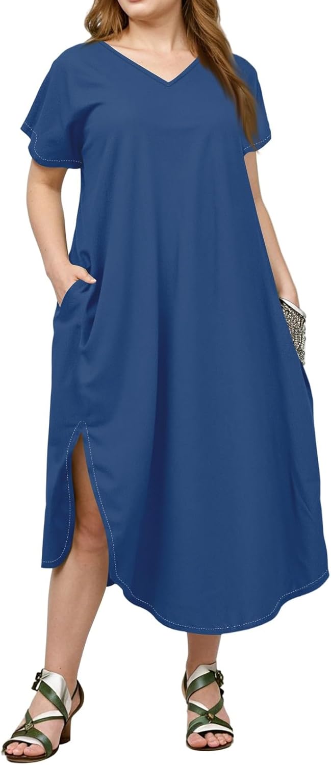 Maxi Dresses for Women 2025 Plus Size Tie Dye V Neck Dress Short Sleeve Side Split Beach Summer Sundress with Pocket