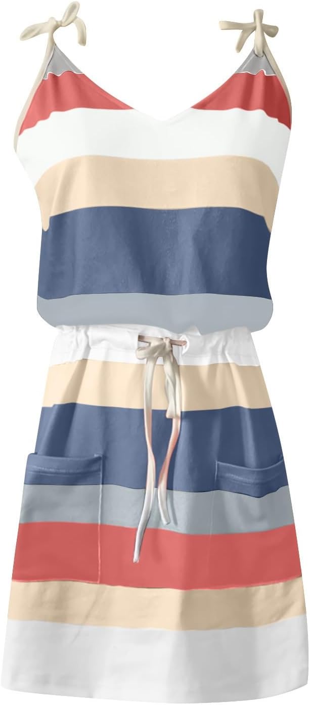 Women Summer Casual Striped Dress Drawstring Waist Tie Knot Mini Dresses Short Sleeve V Neck Tank Dress with Pocket