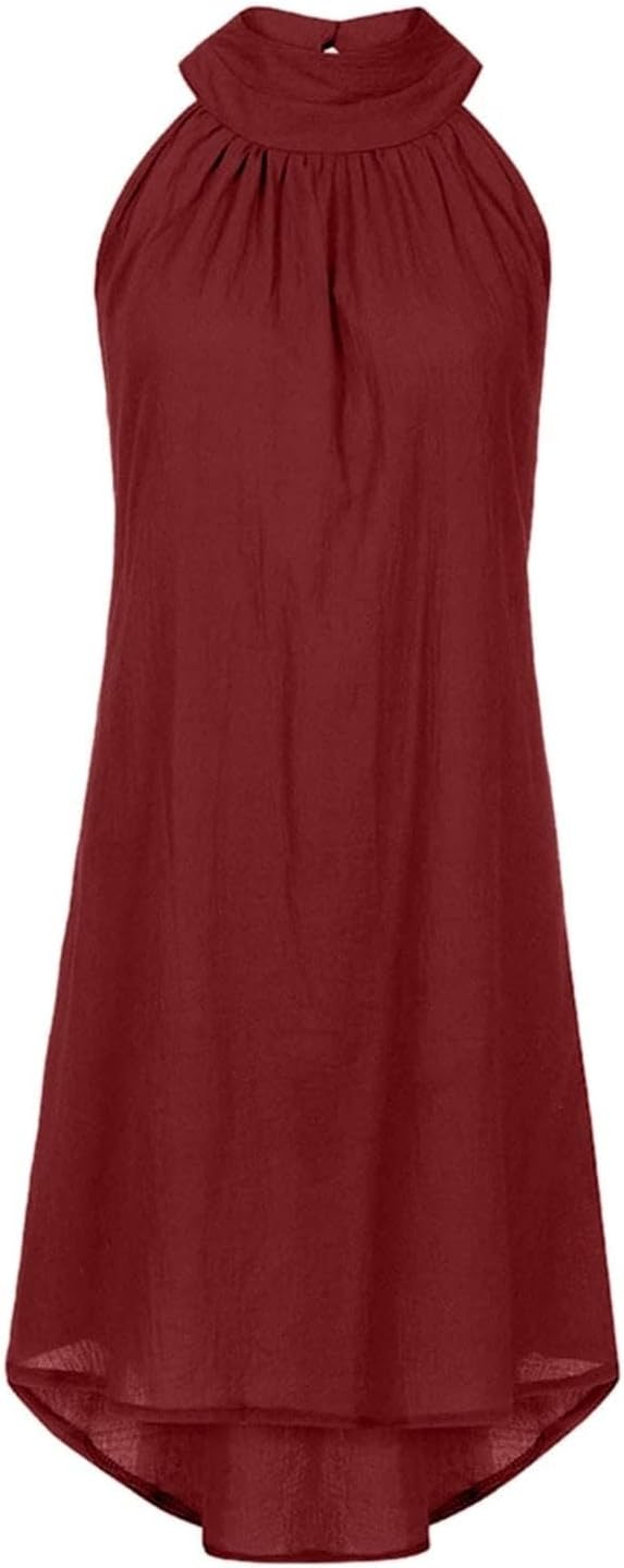Sun Dresses for Women 2025 Vacation Halter Neck Solid Summer Casual Sundress Elegant Pleated High Low Mini Dresses