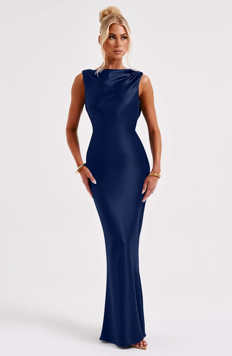 Memoriesea Women's Satin Elegant Sleeveless High Neck Tie Cocktail Party Maxi Dress