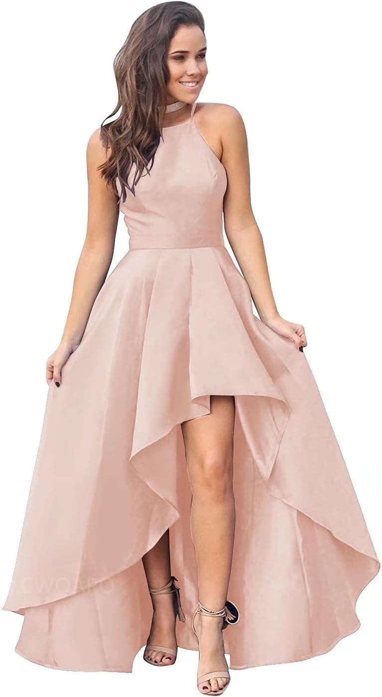 CWOAPO Halter High Low Bridesmaid Dress Evening Dress Satin Homecoming Dresses A Line Cocktail Gowns with Pockets