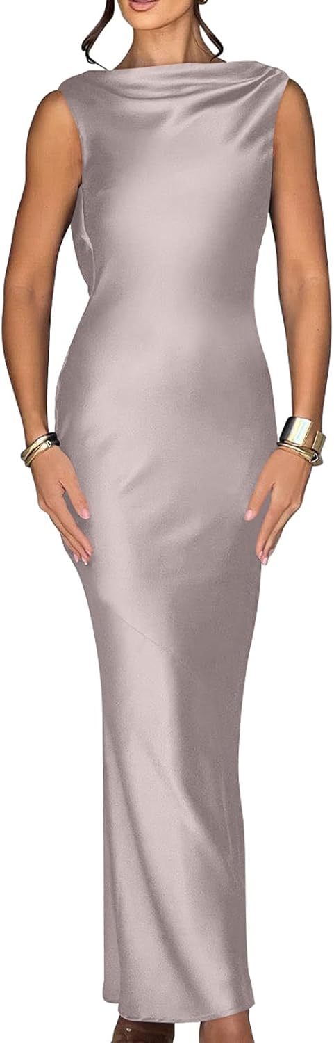 Memoriesea Women's Satin Elegant Sleeveless High Neck Tie Cocktail Party Maxi Dress