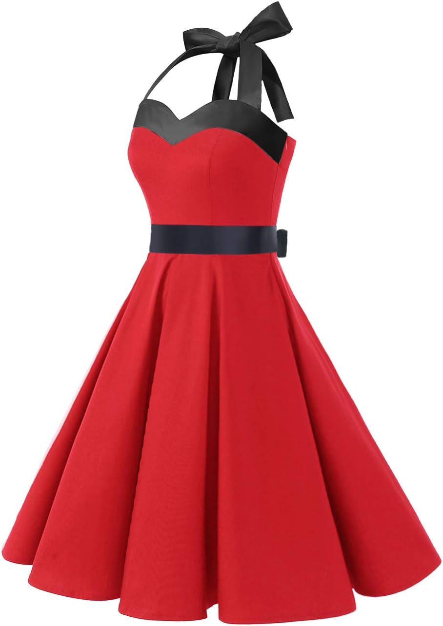 DRESSTELLS Women's Vintage 1950s Cocktail Party Dress Retro Wedding Guest Halter Rockabilly Swing Dresses