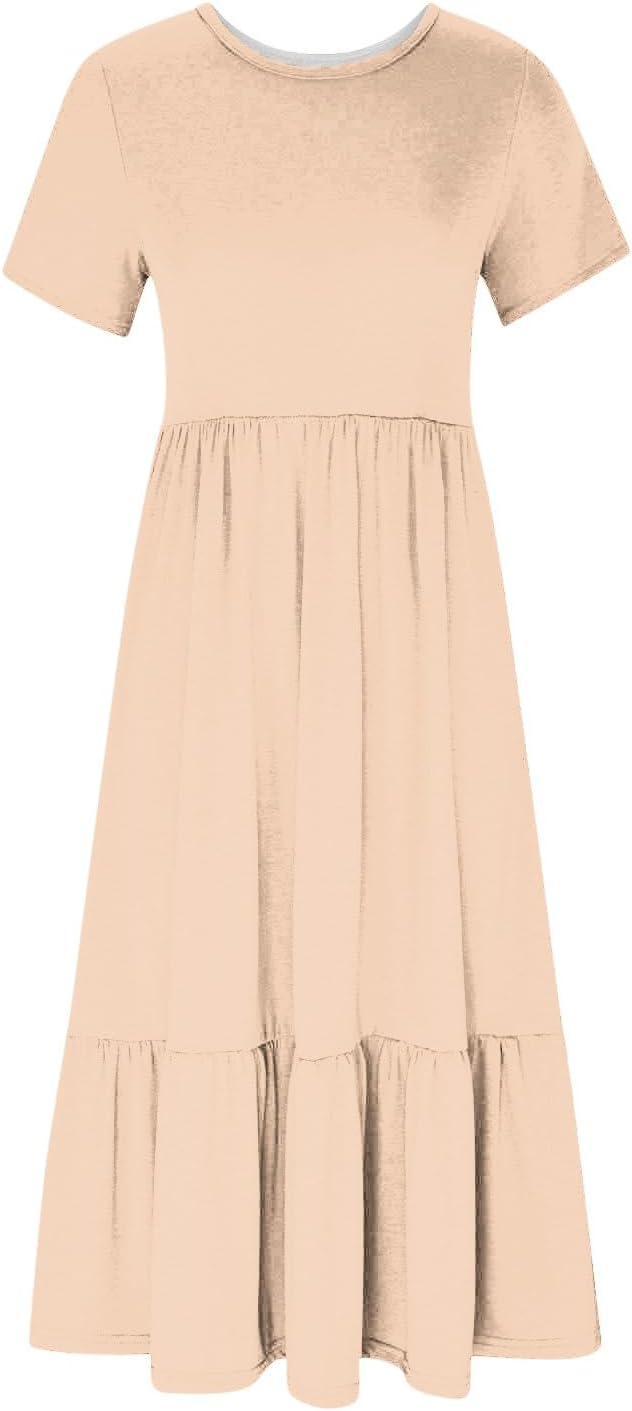 XUNRYAN Summer Dresses for Women 2024 Casual Calf Length Maxi Dress Pleated Flowy Tiered Swing Beach Sundress with Pockets