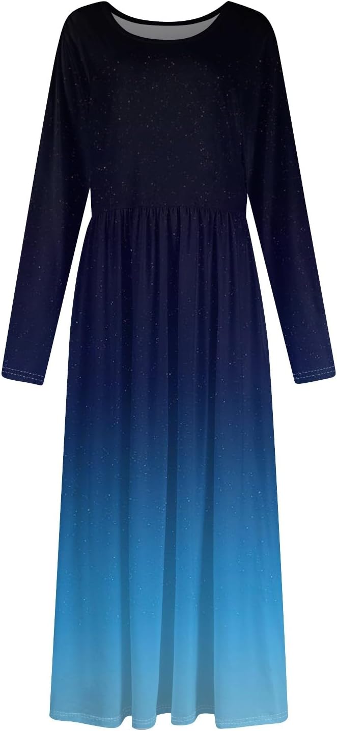 Long Sleeve Maxi Dress for Women Elegant Crew Neck Flowy Swing Dresses Solid Color Wedding Guest Dresses