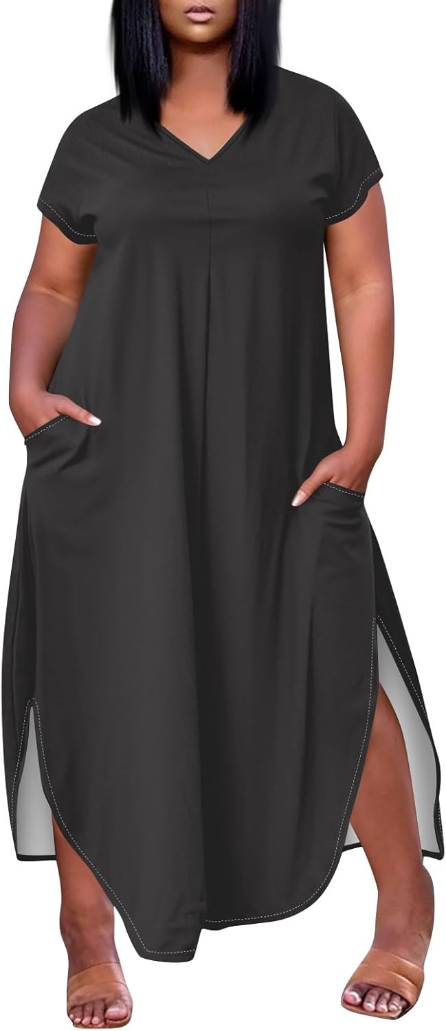 Maxi Dresses for Women 2025 Plus Size Tie Dye V Neck Dress Short Sleeve Side Split Beach Summer Sundress with Pocket