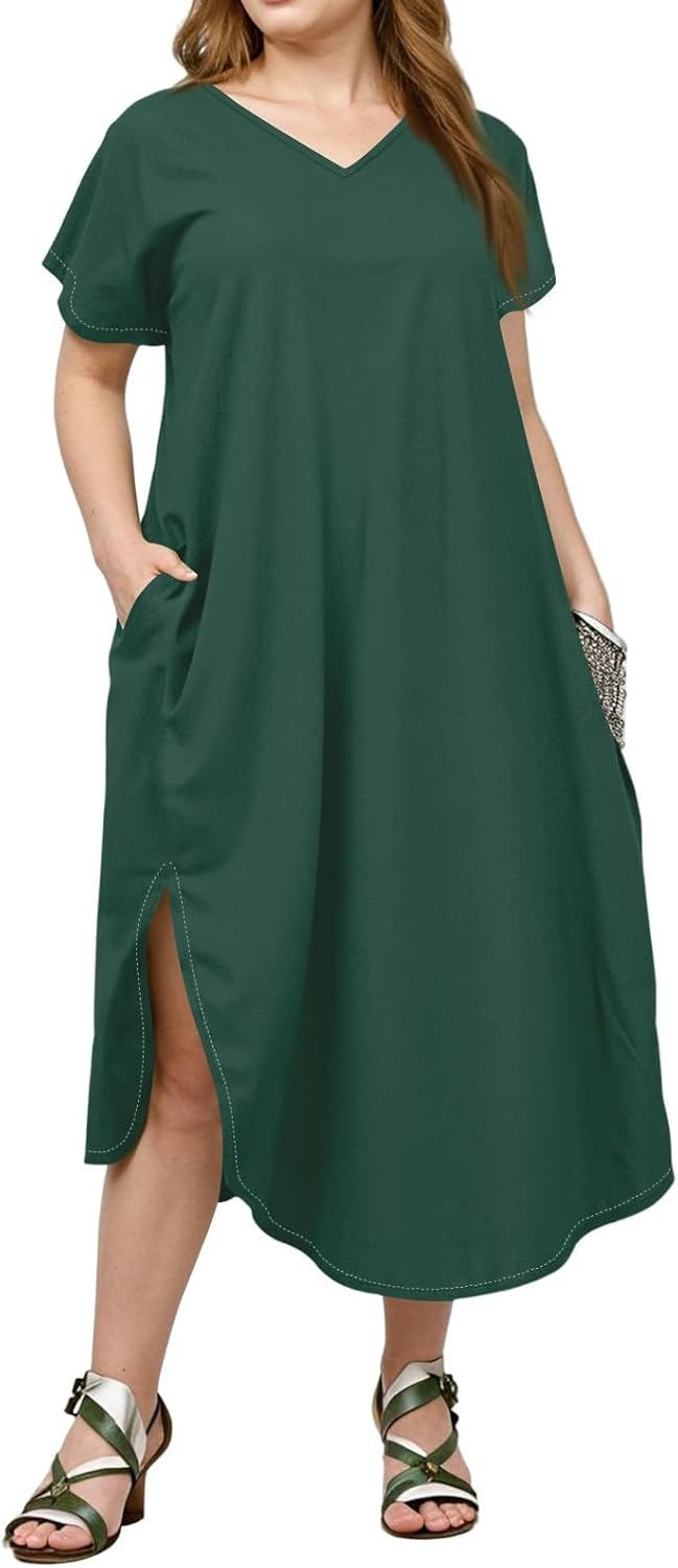 Maxi Dresses for Women 2025 Plus Size Tie Dye V Neck Dress Short Sleeve Side Split Beach Summer Sundress with Pocket