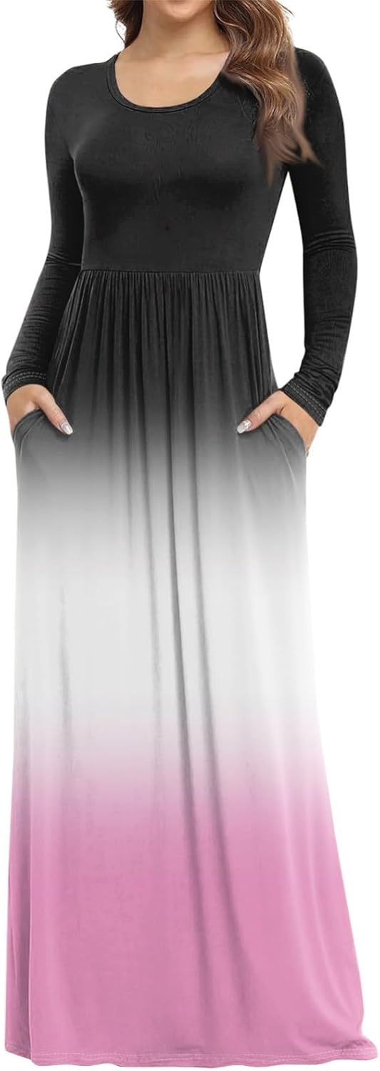 Long Sleeve Maxi Dress for Women Elegant Crew Neck Flowy Swing Dresses Solid Color Wedding Guest Dresses