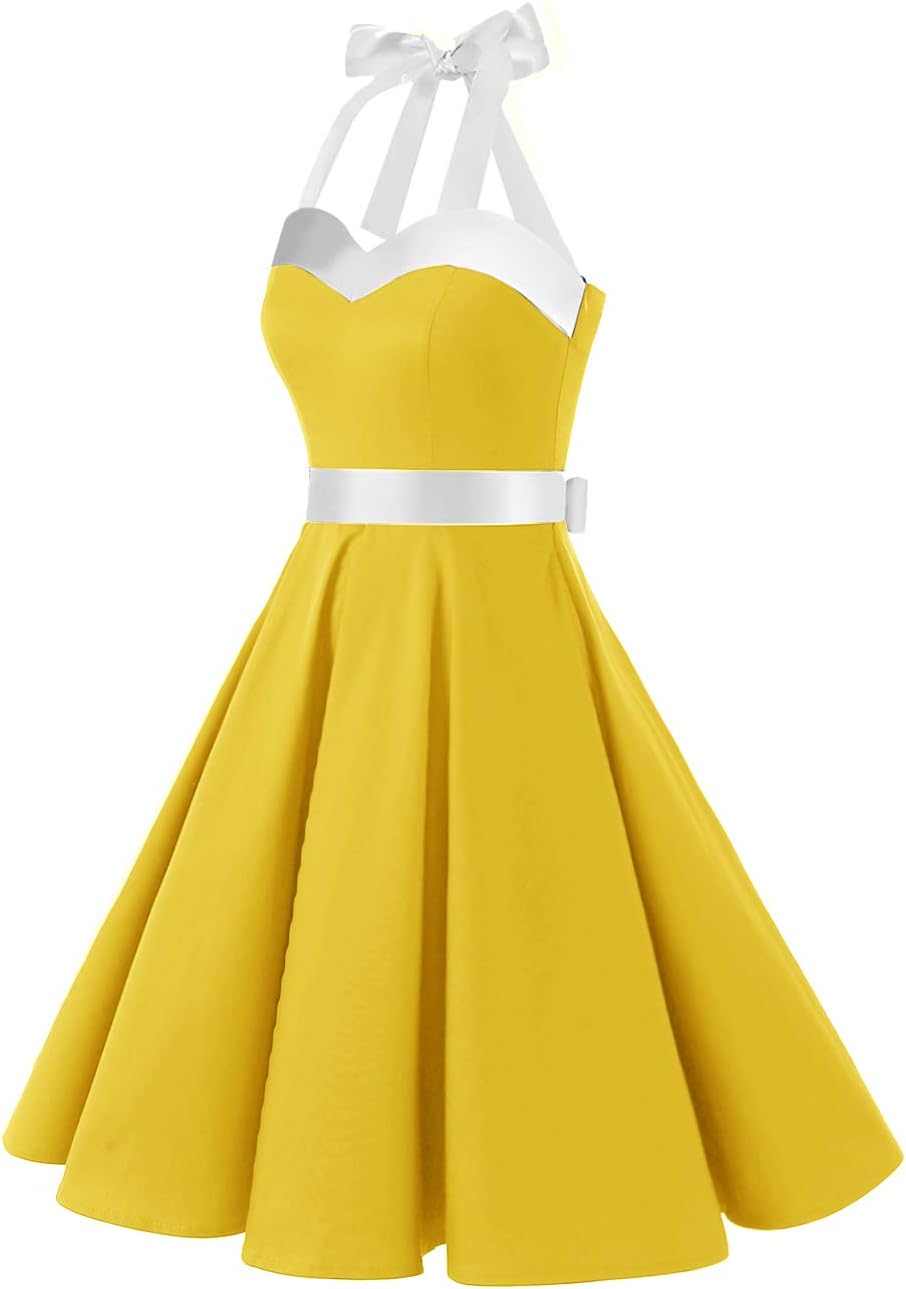 DRESSTELLS Women's Vintage 1950s Cocktail Party Dress Retro Wedding Guest Halter Rockabilly Swing Dresses