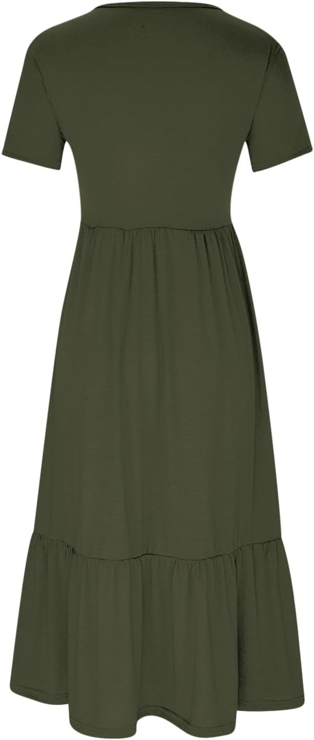 XUNRYAN Summer Dresses for Women 2024 Casual Calf Length Maxi Dress Pleated Flowy Tiered Swing Beach Sundress with Pockets