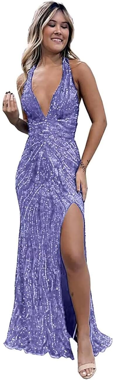 Beaded Evening Gown Deep V-Neck Mermaid Prom Dresses High Split Halter Formal Dress Sleeveless Bodycon Trumpet JS0011