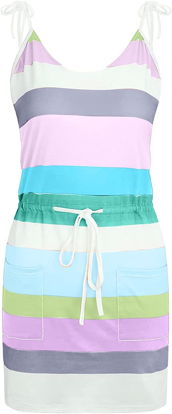 Women Summer Casual Striped Dress Drawstring Waist Tie Knot Mini Dresses Short Sleeve V Neck Tank Dress with Pocket