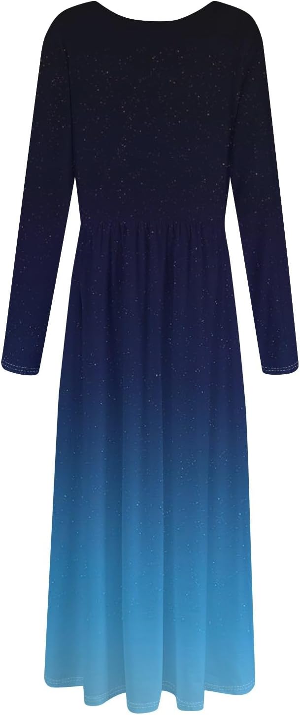 Long Sleeve Maxi Dress for Women Elegant Crew Neck Flowy Swing Dresses Solid Color Wedding Guest Dresses