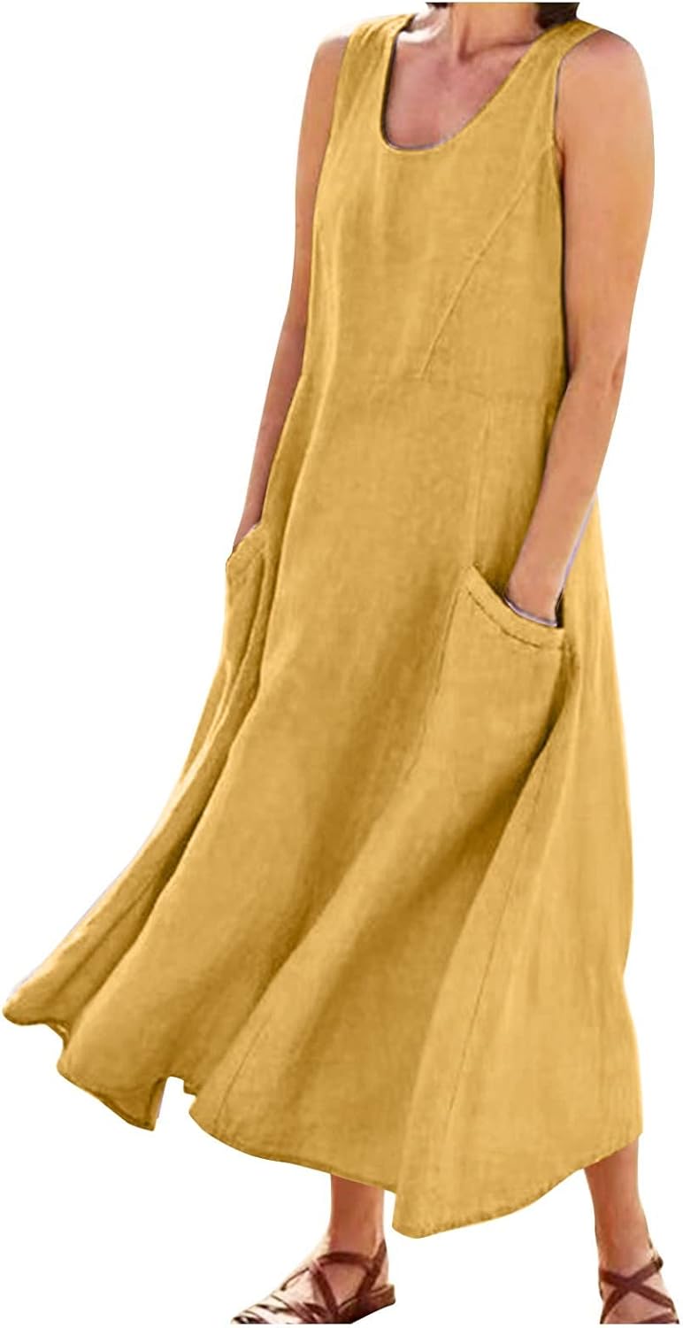 Women's Casual Sleeveless Dresses, Cotton Linen Pocket Dresses Summer Dresses for Women 2024 Sundresses Beach Dress