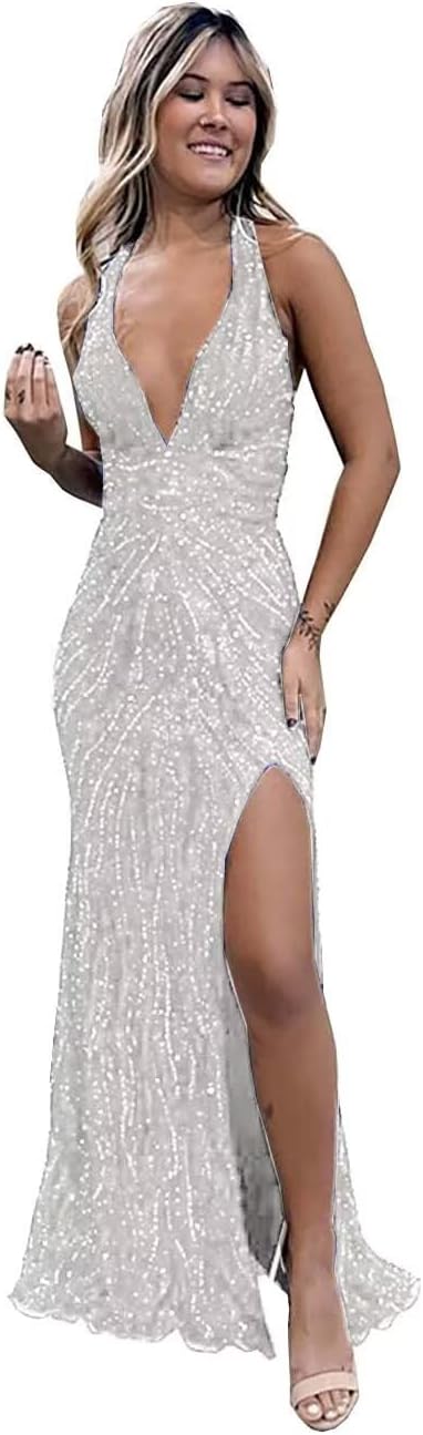 Beaded Evening Gown Deep V-Neck Mermaid Prom Dresses High Split Halter Formal Dress Sleeveless Bodycon Trumpet JS0011