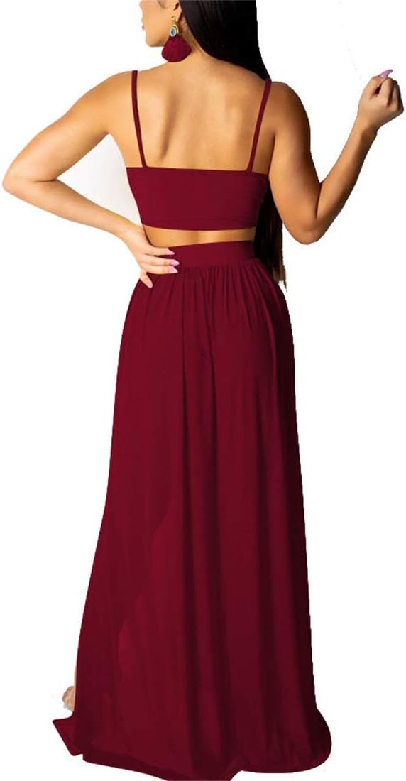 Women Sexy 2 Piece Outfits Dress Chiffon Strap Deep V Neck Bra Crop Top High Split Maxi Dresses Skirt Set