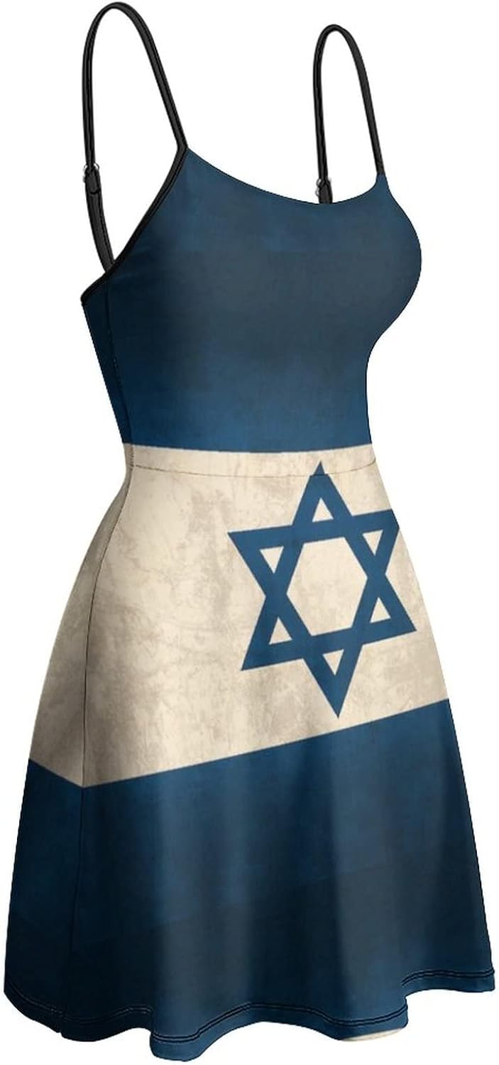 TUBIAZICOL Vintage Israel Flag Print Spaghetti Strap Mini Dress for Women Sexy Sleeveless Summer
