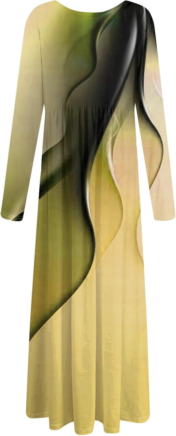 Long Sleeve Maxi Dress for Women Elegant Crew Neck Flowy Swing Dresses Solid Color Wedding Guest Dresses