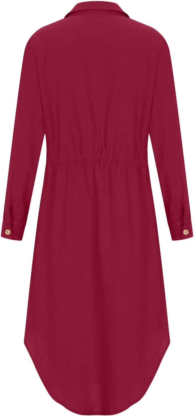 Women's Maxi Shirt Dresses Solid Cotton Linen Button Lapel Long Sleeves Summer Irregular Hem Daily Casual Sundress