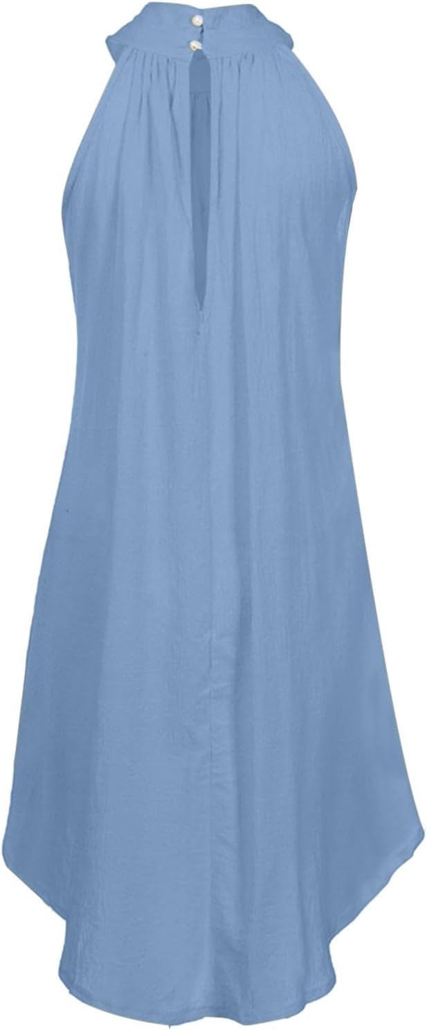 Sun Dresses for Women 2025 Vacation Halter Neck Solid Summer Casual Sundress Elegant Pleated High Low Mini Dresses