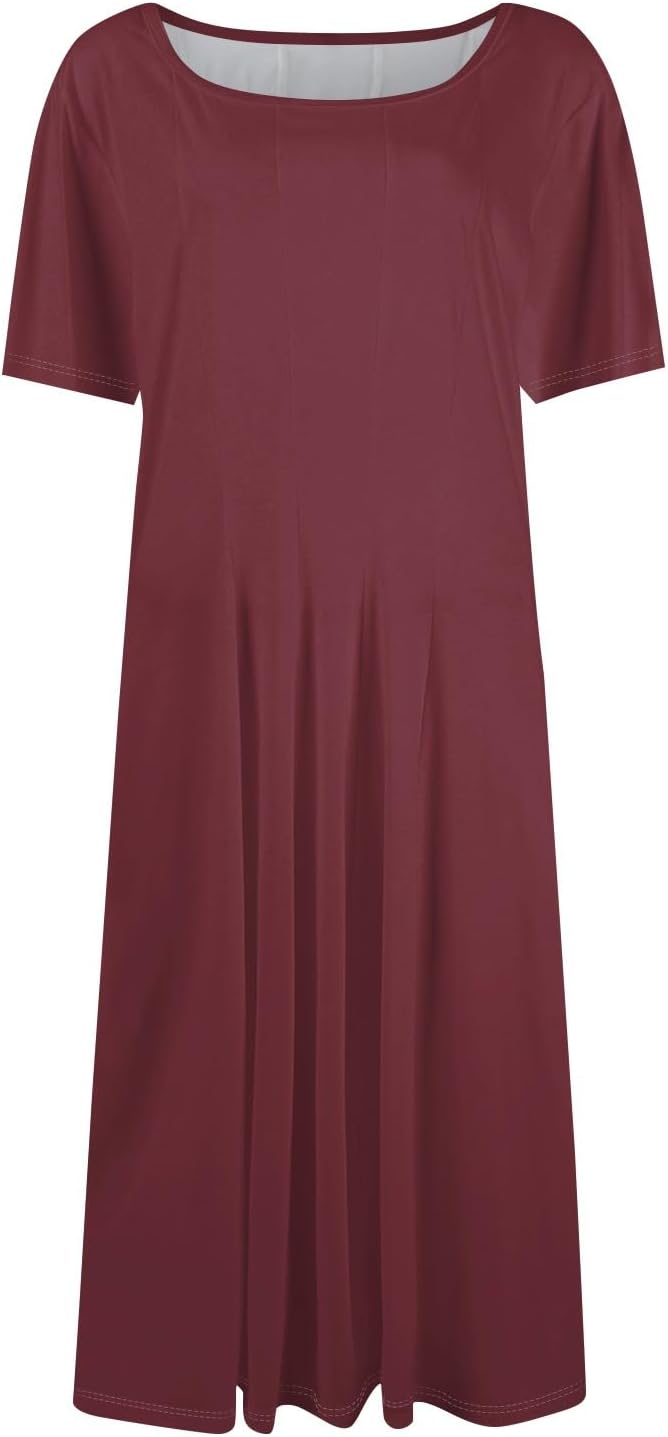 Summer Dresses for Women 2025 Crew Neck Short Sleeve Boho Beach Vacation Floral/Solid Midi Sundresses with Pockets