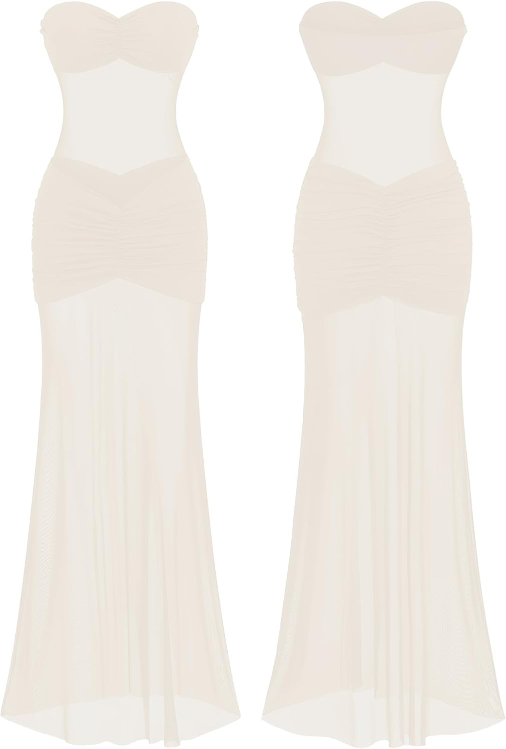 Women’s See Through Mesh Maxi Dress Sweatheart Neck Patchwork Slim Fit Night Out Seaside Long Dresses