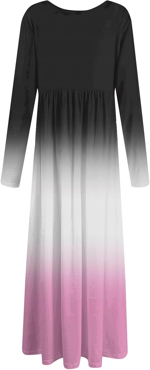 Long Sleeve Maxi Dress for Women Elegant Crew Neck Flowy Swing Dresses Solid Color Wedding Guest Dresses