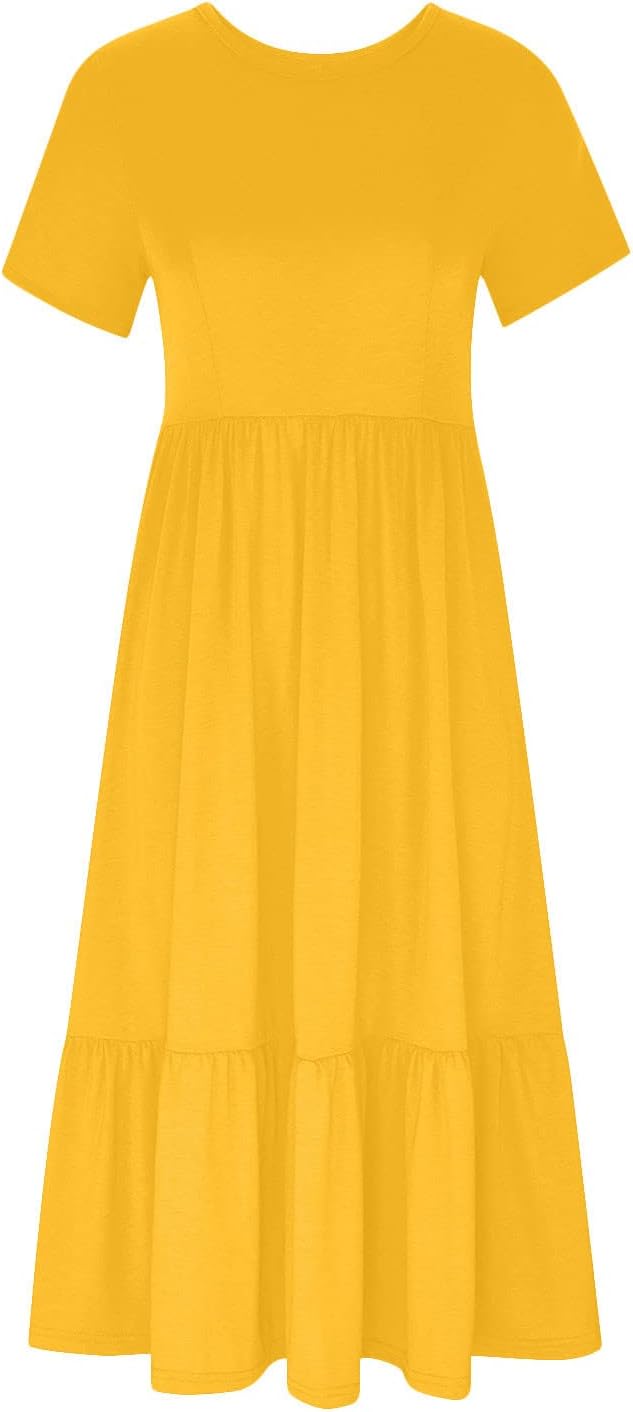 XUNRYAN Summer Dresses for Women 2024 Casual Calf Length Maxi Dress Pleated Flowy Tiered Swing Beach Sundress with Pockets